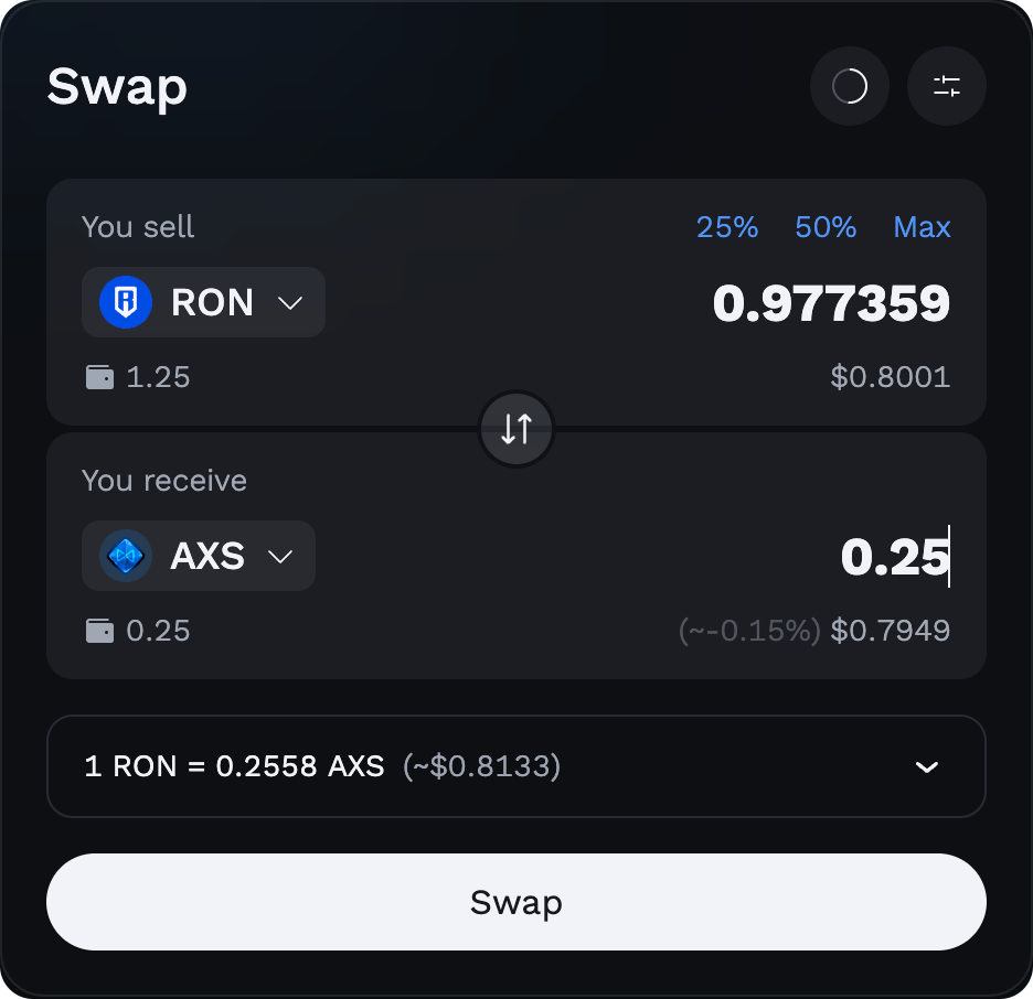 RONからAXSへの取引レートとスリッページ設定を表示するRoninスワップの画面