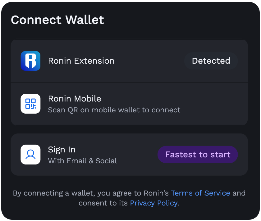 Ronin Connect Wallet modal showing Extension detected, Ronin Mobile QR code, and email sign-in options